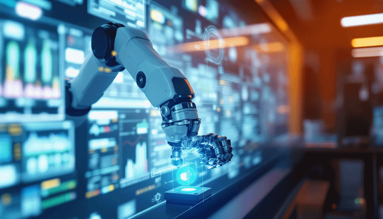 지능형 로봇 제어 알고리즘을 나타내는 로봇팔과 학습 그래픽