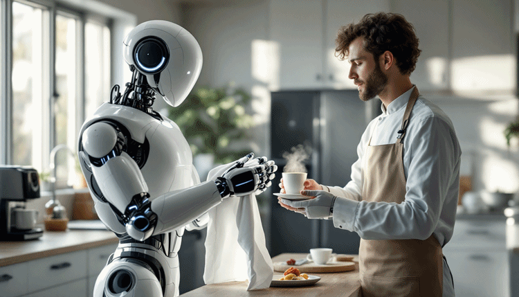일상에서 빨래를 개고 커피를 서빙하는 자율 로봇의 모습