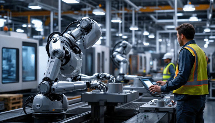 협동로봇이 CNC 기계를 관리하고 작업자가 여러 기계를 동시에 감독하는 모습