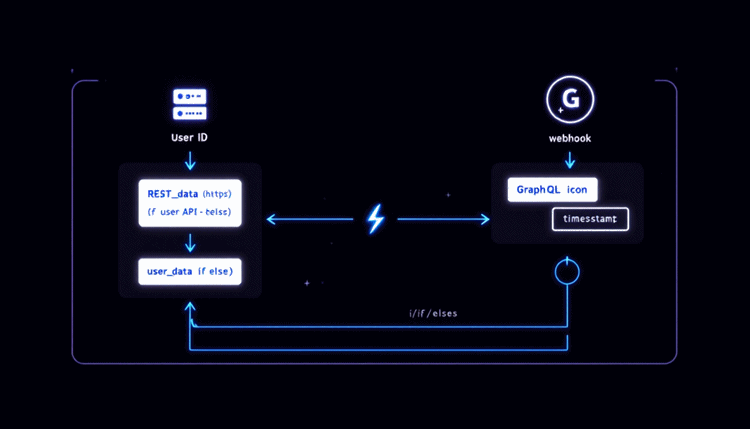 변수와 조건문을 이용해 REST API, GraphQL, Webhook을 호출하는 API 통합 워크플로우 이미지