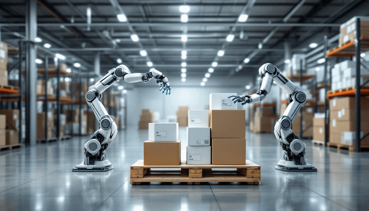 협동로봇이 물류 창고에서 박스를 팔레트에 자동 적재하는 모습