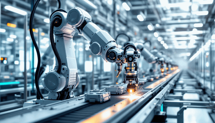 다관절 산업용 로봇이 용접 및 핸들링 작업을 수행하는 모습