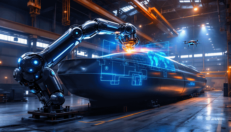 AI와 3D 비전 센서를 활용해 실시간으로 용접 경로를 조정하는 스마트 팩토리 조선소 내부 장면