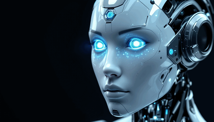 로봇의 '눈'과 '손끝'에 장착된 첨단 센서 기술을 묘사한 미래지향적 로봇 이미지