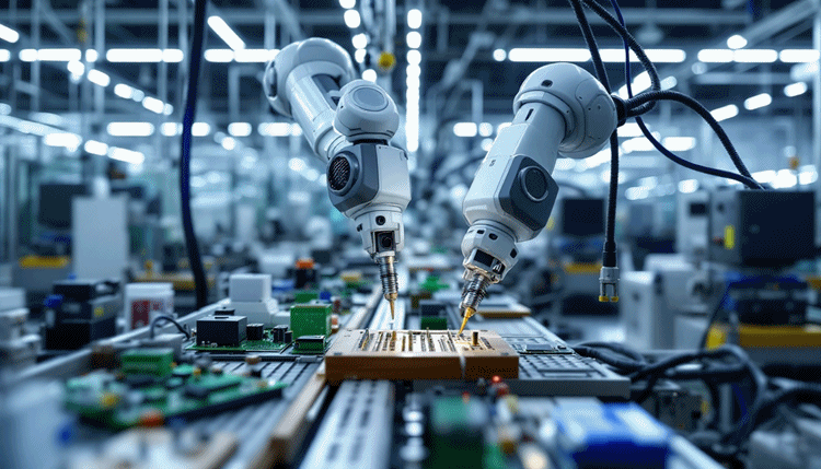 협동로봇이 전자 부품을 정밀하게 조립 및 나사 체결하는 제조 현장 장면