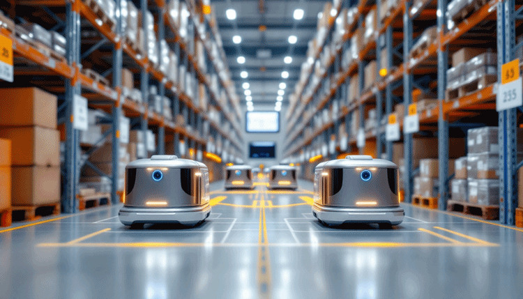 자율주행 로봇들이 물류 창고에서 장애물 회피하며 이동하는 모습