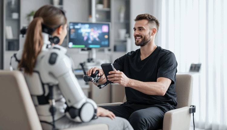 근로복지공단 대전병원의 게임화된 재활로봇 치료 모습