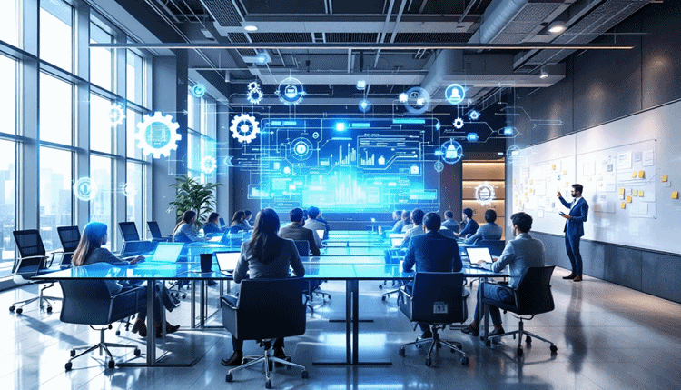 현대 사무실 환경에서 다양한 직장인들이 노코드 자동화 작업을 하는 모습