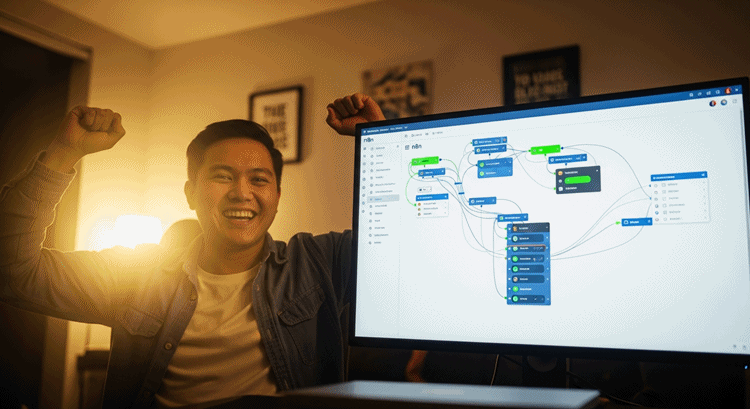 n8n 워크플로우 활성화를 완료하고 성공을 축하하는 사람의 이미지