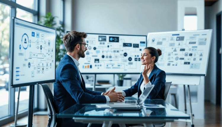 복잡한 업무 자동화 워크플로우를 분석하는 전문가의 사무실 환경