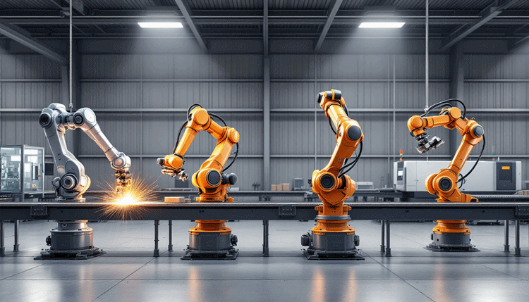 산업용 로봇팔 4종류와 각각의 작업 장면을 묘사한 이미지