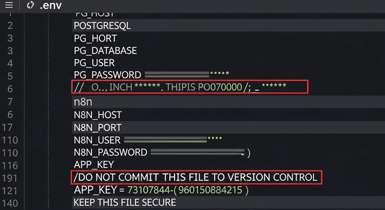 민감한 환경변수가 포함된 .env 파일 텍스트 에디터 열람 화면