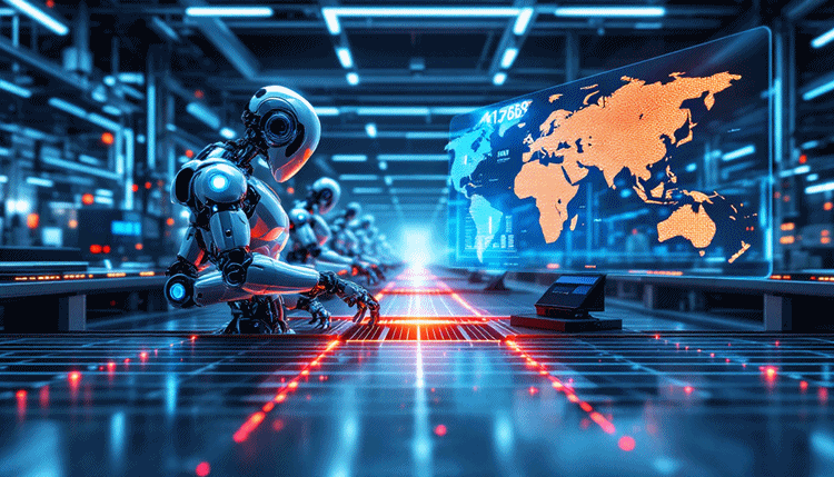 스마트 팩토리에서 산업용 로봇이 자동으로 작동하는 모습과 아시아 시장 성장을 시각화한 이미지