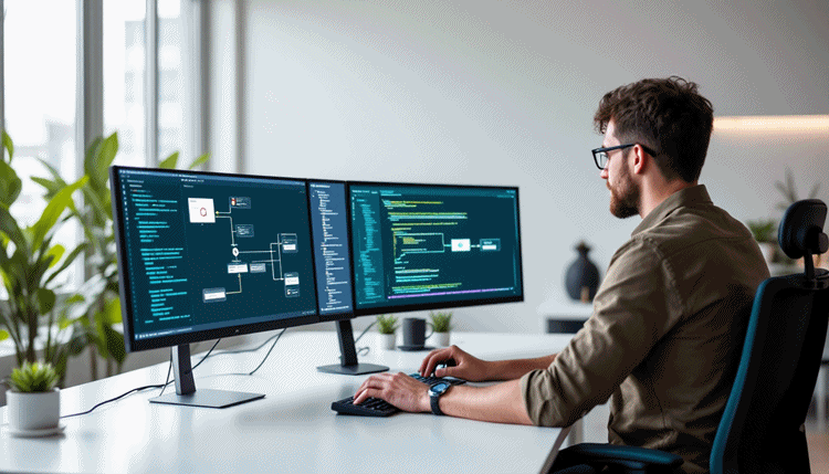 셀프 호스팅 환경에서 n8n 플랫폼을 관리하는 개발자 모습