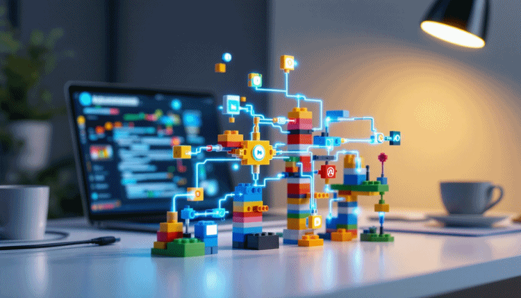 디지털 레고 블록으로 구성된 복잡한 자동화 시스템