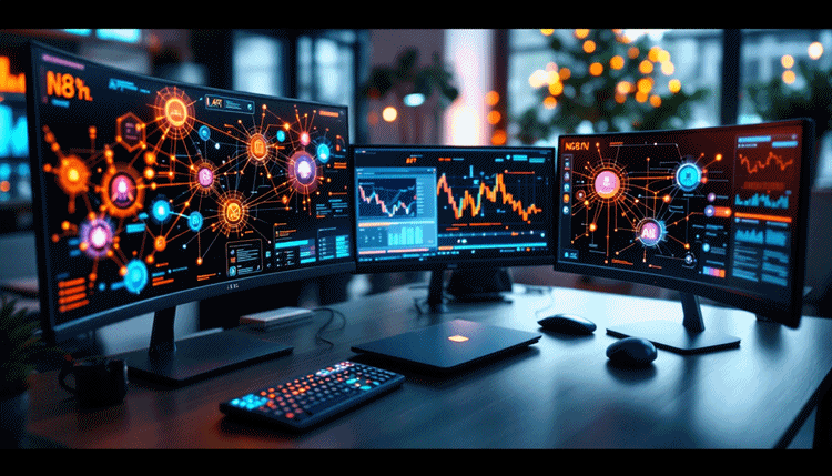 2026년 최신 노코드 n8n AI 자동화를 상징하는 복잡한 자동화 워크플로우와 API 연결을 보여주는 현대적인 사무실 작업 공간