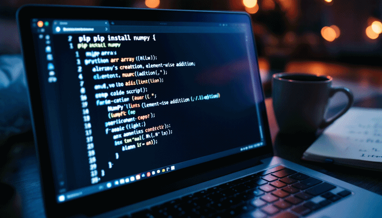 넘파이 설치 명령과 배열 생성 및 요소별 연산을 보여주는 터미널과 파이썬 코드 화면