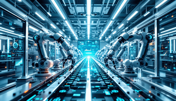 스마트 팩토리에서 AI 로봇이 최적화된 생산 라인에서 작업하는 모습