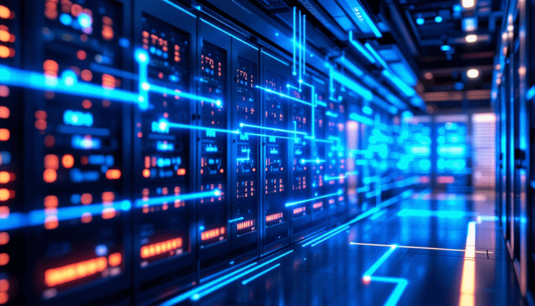 n8n의 자체 호스팅과 데이터 프라이버시를 상징하는 미래 지향적 서버실 이미지