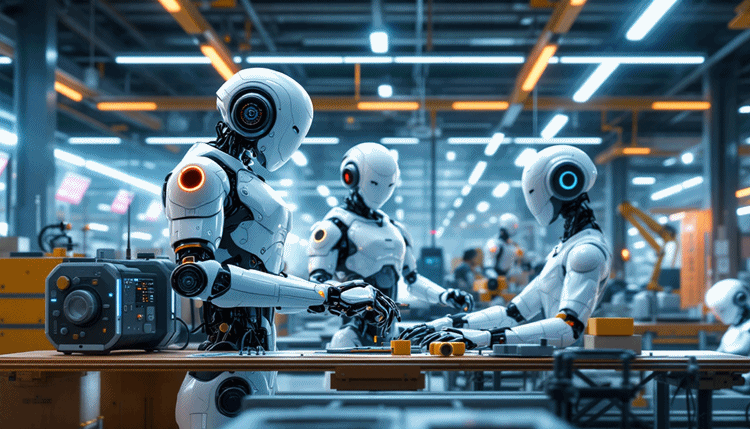 2025년 최신 AI 융합 로봇들이 산업 현장에서 사람과 함께 작동하는 모습