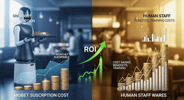 서빙로봇 구독형 비용과 직원 월 인건비를 비교하여 인건비 절감 효과를 강조하는 시각 자료