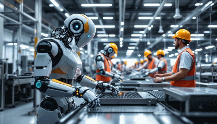 산업용 자동화 로봇이 인간과 함께 작동하는 현대적인 공장 내부 모습