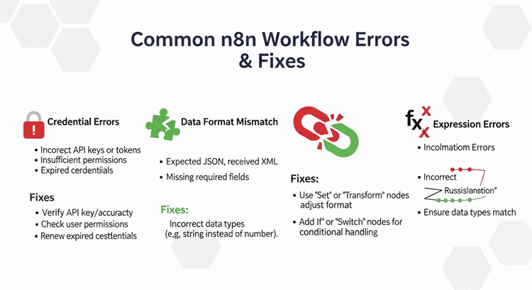 n8n 워크플로우에서 자주 발생하는 오류 유형과 해결 방법을 설명하는 인포그래픽