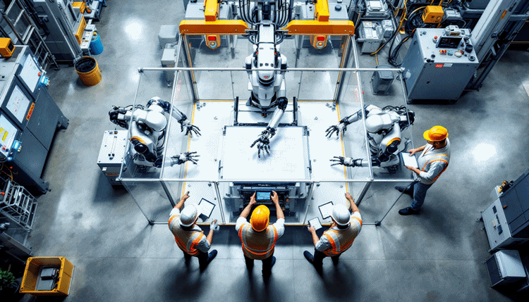 산업용 로봇 설치 현장에서 안전 울타리와 비상정지 버튼을 점검하는 모습