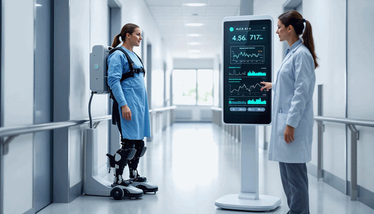 보라매병원의 휴카고 보행 재활 로봇과 환자가 치료받는 모습