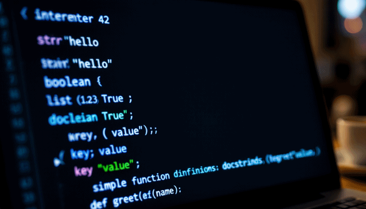 파이썬 기초 문법 예제 코드가 보이는 컴퓨터 화면, 변수와 자료형, 리스트, 딕셔너리, 함수 정의