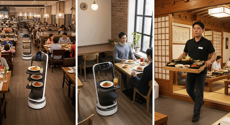 대형 패밀리 레스토랑, 중소형 식당, 한식 전문점에서 다양한 서빙로봇 도입 성공 사례를 보여주는 이미지들