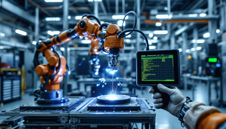 티치 펜던트를 사용해 좌표 위치 결정을 프로그래밍하는 고정밀 작업 환경의 로봇 모습