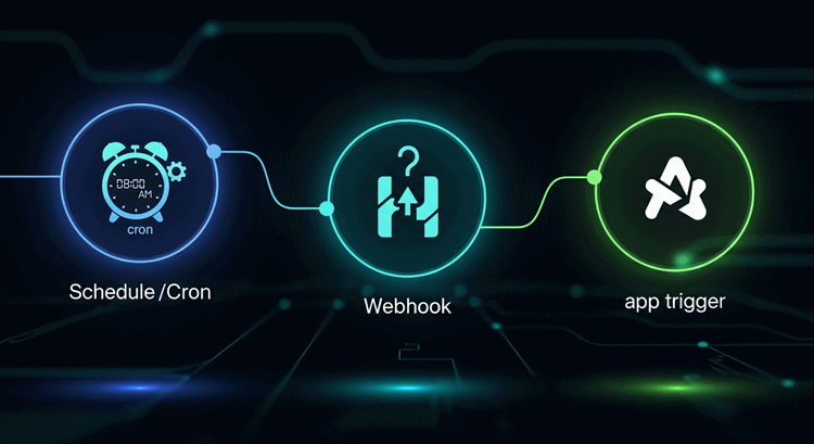 스케줄 트리거, 웹훅 트리거, 앱 전용 트리거를 아이콘으로 상징하는 n8n 트리거 노드 시각화