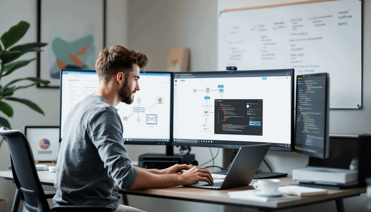 초보자, 중급 사용자, 개발자가 각각 Zapier, Make, n8n을 사용하는 모습을 보여주는 비즈니스 상황