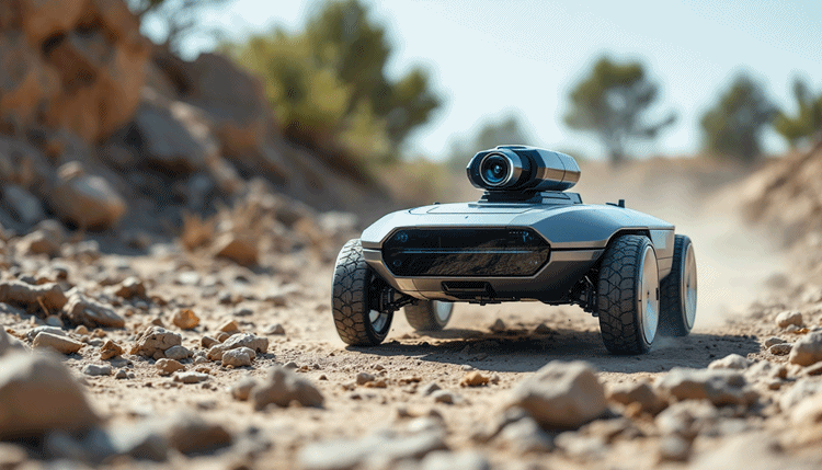 외부 인지 센서인 LiDAR, 레이더, 카메라가 장착된 자율주행 로봇의 실사 이미지