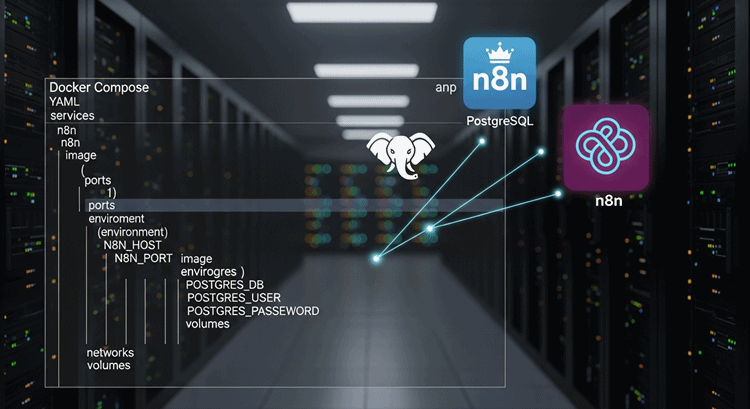 서버룸 배경에 PostgreSQL과 n8n 서비스 아이콘이 연결된 Docker Compose YAML 파일 시각화