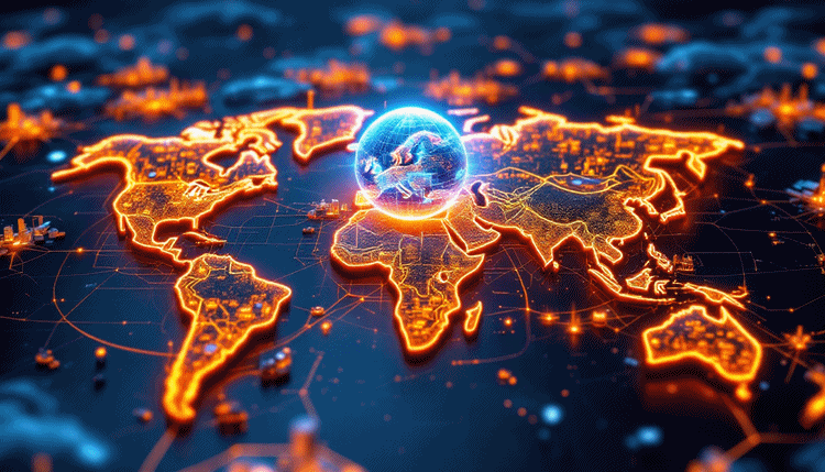 2025년 글로벌 산업용 로봇 경쟁을 표현한 지도와 제조 현장 이미지.