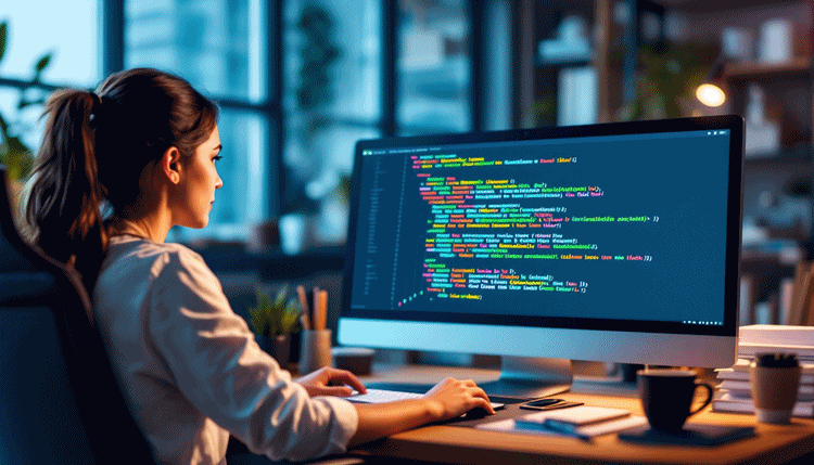 기초 프로그래밍과 고급 개발 여정을 나타내는 코드가 보이는 컴퓨터 앞의 프로그래머 모습