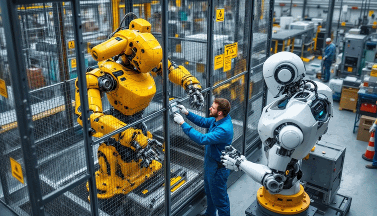 안전 펜스로 분리된 전통적 산업용 로봇과 작업자와 함께 안전하게 작업하는 협동로봇 비교 장면