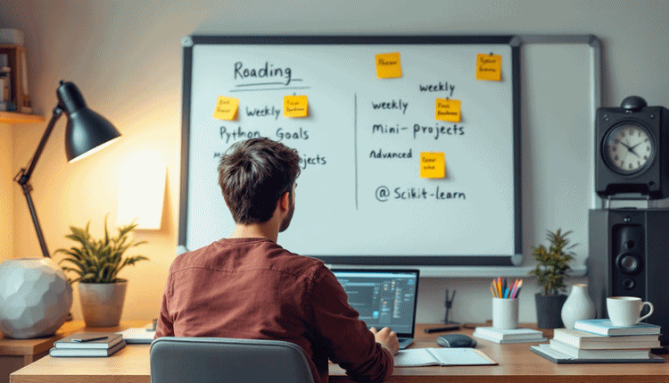 파이썬 학습 계획과 미니 프로젝트, 심화 주제를 정리한 학습 로드맵을 계획하는 모습