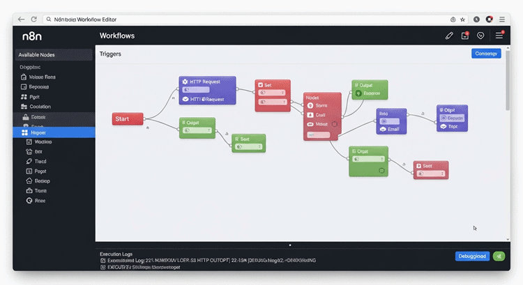 n8n 기본 사용법을 보여주는 워크플로우 편집기 화면, 노드와 연결선을 포함한 인터페이스 모습