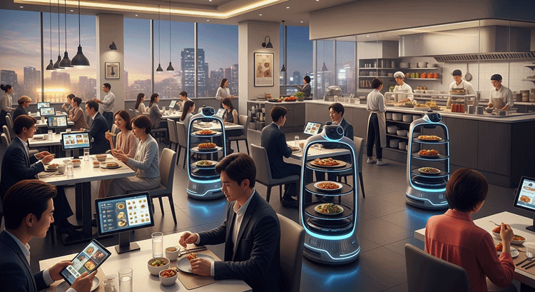 2025년 대한민국 외식업계에서 태블릿으로 주문하고 서빙로봇이 음식을 전달하는 미래 지향적인 레스토랑 풍경