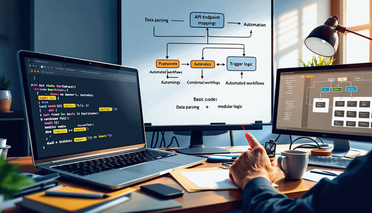 기초 프로그래밍 개념에서 API 통합, 워크플로우 자동화, 커스텀 노드 생성으로 이어지는 개발 성장 과정을 상징하는 이미지