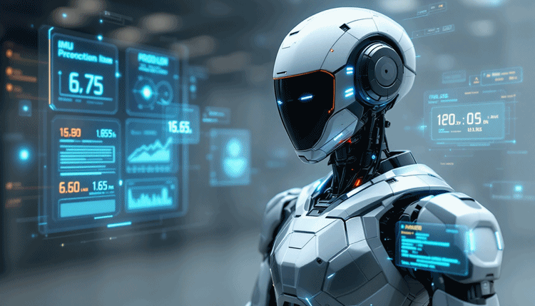 로봇에 부착된 내부 인지 센서와 디지털 데이터 표시를 보여주는 첨단 로봇의 실사 이미지