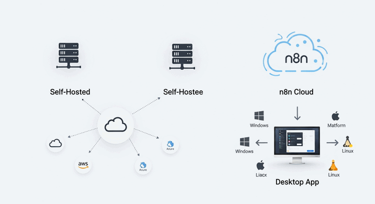 n8n의 세 가지 배포 방식: 자체 호스팅, 클라우드, 데스크톱 앱 개념도