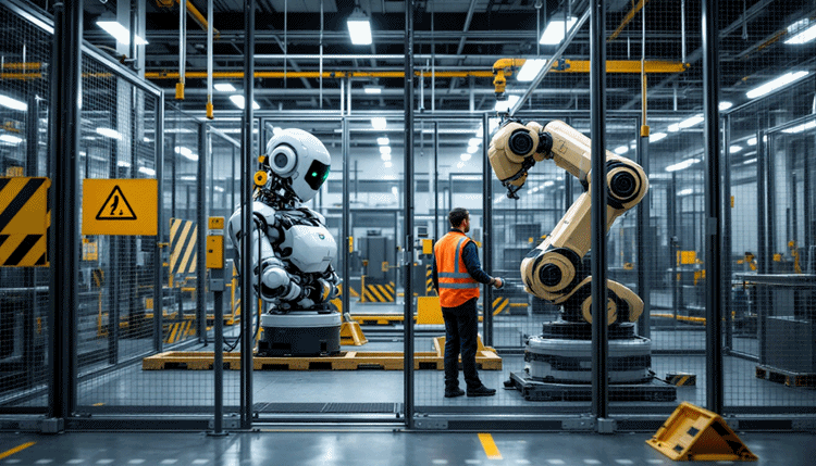 협동로봇이 안전 펜스 없이 인간과 함께 작업하는 모습과 전통 산업용 로봇의 안전 펜스 차이를 보여주는 이미지