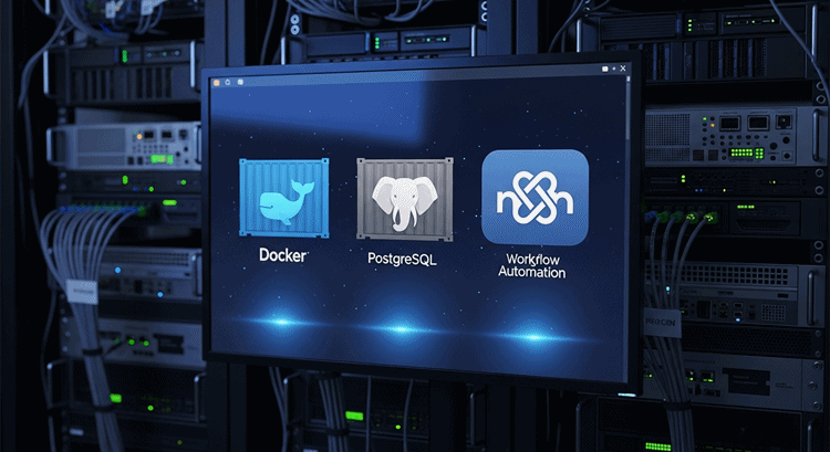 전문적인 프로덕션 환경에서 Docker, PostgreSQL, n8n 아이콘이 표시된 모던한 서버 설치 모습