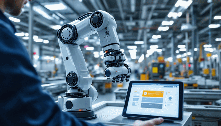 협동로봇 팔을 작업자가 직접 잡고 움직이며 드래그 앤 티칭 프로그래밍을 하는 현장 모습