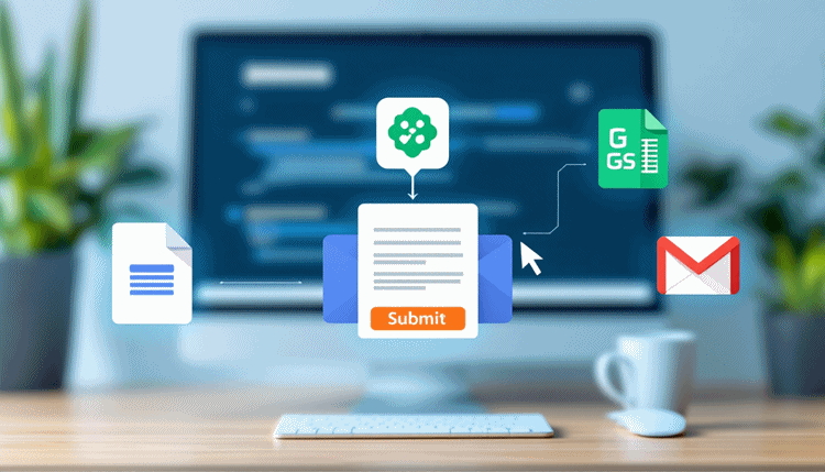 자동화 프로세스를 설명하는 인포그래픽, 웹 폼 제출이 알림, 시트 갱신, 이메일 발송으로 이어지는 과정