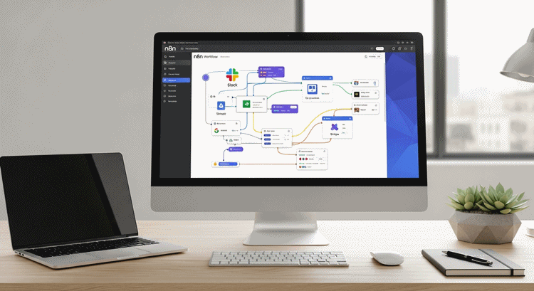 현대적인 사무실 책상 위에 n8n 워크플로우 인터페이스가 화면에 보이며, 코딩 없이 자동화를 시각적으로 표현한 이미지